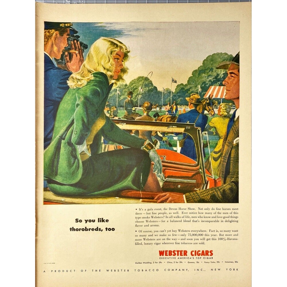 Webster Cigars "So You Like Thorobreds, too" Illustration Horse Races Ad 1946